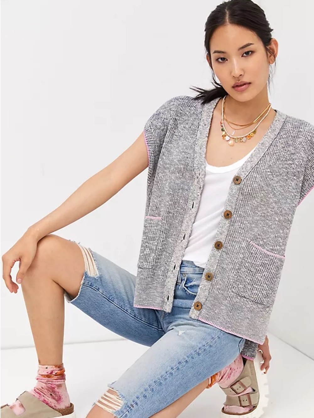 Pilcro Gray Knit Button-Front Sweater Vest with Pink Trim oversized with pockets